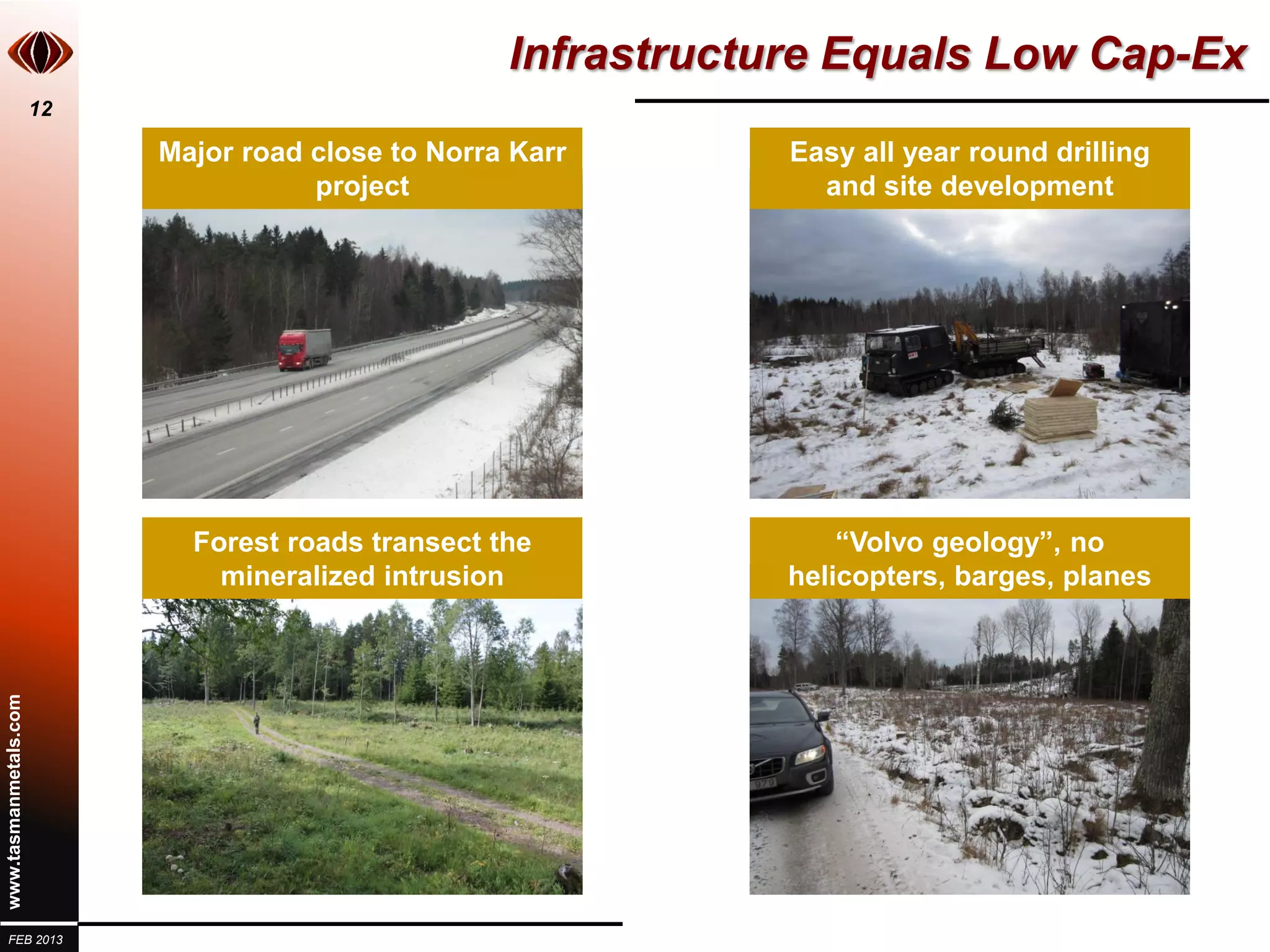 Infrastructure Equals Low Cap-Ex
                       12

                            Major road close to Norra Karr       Easy all year round drilling
                                       project                     and site development




                              Forest roads transect the              “Volvo geology”, no
                                mineralized intrusion            helicopters, barges, planes
www.tasmanmetals.com




  FEB 2013
 