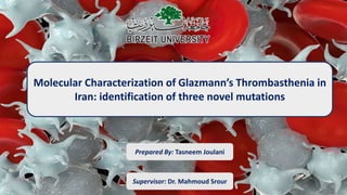 Molecular Characterization of Glazmann’s Thrombasthenia in
Iran: identification of three novel mutations
Prepared By: Tasneem Joulani
Supervisor: Dr. Mahmoud Srour
 