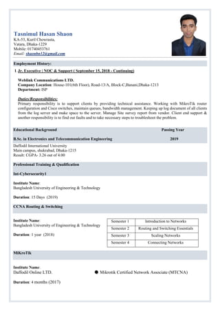 Employment History:
1.Jr. Executive | NOC & Support ( September 15, 2018 - Continuing)
Weblink Communications LTD.
Company Location: House-101(6th Floor), Road-13/A, Block-C,Banani,Dhaka-1213
Department: ISP
Duties/Responsibilities:
Primary responsibility is to support clients by providing technical assistance. Working with MikroTik router
configuration and Cisco switches, maintain queues, bandwidth management. Keeping up log document of all clients
from the log server and make space to the server. Manage Site survey report from vendor. Client end support &
another responsibility is to find out faults and to take necessary steps to troubleshoot the problem.
Educational Background Passing Year
B.Sc. in Electronics and Telecommunication Engineering 2019
Daffodil International University
Main campus, shukrabad, Dhaka-1215
Result: CGPA- 3.26 out of 4.00
Professional Training & Qualification
Int-Cybersecurity1
Institute Name:
Bangladesh University of Engineering & Technology
Duration: 15 Days (2019)
CCNA Routing & Switching
Institute Name:
Bangladesh University of Engineering & Technology
Duration: 1 year (2018)
MiKroTik
Institute Name:
Daffodil Online LTD. Mikrotik Certified Network Associate (MTCNA)
Duration: 4 months (2017)
Semester 1 Introduction to Networks
Semester 2 Routing and Switching Essentials
Semester 3 Scaling Networks
Semester 4 Connecting Networks
Tasnimul Hasan Shaon
KA-53, Kuril Chowrasta,
Vatara, Dhaka-1229
Mobile: 01740453761
Email: shaonbn12@gmail.com
 