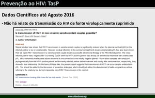 Dados Científicos até Agosto 2016
- Não há relato de transmissão do HIV de fonte virologicamente suprimida
 