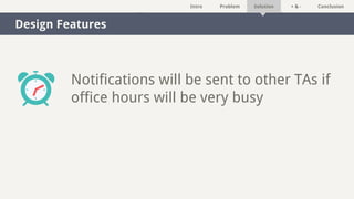 Intro Problem Solution + & - Conclusion
Design Features
Notifications will be sent to other TAs if
office hours will be very busy
 