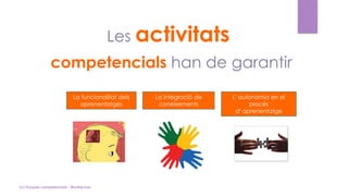 Les activitats
competencials han de garantir
La funcionalitat dels
aprenentatges
La integració de
coneixements
L' autonomia en el
procés
d' aprenentatge
(c) Tasques competencials - Montse Irun
 