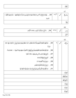 ‫ﻋﻈﻚ‬‫ﺍ‬
47
‫ج‬‫ل‬‫و‬123_‫ﺎ‬‫ﻣ‬‫ﻠﻢ‬ْ‫ﻌ‬L‫ﺞ‬‫ﻠ‬‫ﻳ‬‫ﺎ‬Aْ‫ﻓﻴ‬‫ج‬‫ﺮ‬ْ‫ﻌ‬L‫ﺎ‬‫ﻣ‬‫و‬‫ﺂء‬‫ﻤ‬‫ﺍﻟﺴ‬‫ﻦ‬‫ﻣ‬‫ل‬‫ﺰ‬ْ‫ﻨ‬‫ﻳ‬‫ﺎ‬‫ﻣ‬‫و‬‫ﺎ‬Aْ‫ﻨ‬‫ﻣ‬‫ج‬ ْg‫ﻳ‬‫ﺎ‬‫ﻣ‬‫و‬‫ض‬ْ‫ر‬ ْ‫ﺍﻻ‬8{‫ط‬‫ر‬ْ‫ﻔﻮ‬‫ْﻐ‬‫ﻟ‬‫ﺍ‬‫ﻢ‬ْ‫ﺍﻟﺮﺣﻴ‬‫ﻮ‬D‫و‬﴿
2﴾‫ﺎ‬‫ﺒـ‬‫ﺳ‬
‫ﺞ‬‫ﻠ‬‫ﻳ‬
48
‫ر‬‫ز‬‫و‬124_‫ﻻ‬‫و‬‫ر‬‫ﺰ‬‫ﺗ‬ٌ‫ة‬â‫ﺍز‬‫و‬âْ‫ز‬&‫و‬‫ى‬ٰ ْŽ‫ﺍ‬..﴿164﴾‫ﺎم‬‫ﻌ‬ْ§ ْ‫ﺍﻷ‬
‫ﻻ‬‫ر‬‫ﺰ‬‫ﺗ‬
49
‫د‬‫ج‬‫و‬125_‫ل‬ْ‫ﻮ‬‫ﺍﻟﺮﺳ‬‫ﻢ‬A‫ﻟـ‬nْ‫ﻐ‬‫ﺘ‬ْ‫ﺍﺳ‬‫و‬‫ﺍﷲ‬‫وﺍ‬nْ‫ﻐ‬‫ﺘ‬ْ‫ﻓﺎﺳ‬≈ْ‫و‬‫ﺂء‬‫ﺟ‬ْ‫ﻢ‬A‫ﻔﺴ‬ْ§‫ﺍ‬‫ﺍ‬•‫ﻮ‬‫ﻠﻤ‬‫ﻇ‬ْ‫ذ‬‫ﺍ‬ْ‫ﻢ‬A‫ﻧ‬‫ﺍ‬ْ‫ﻟﻮ‬‫و‬‫ﻟ‬‫ﺪوﺍ‬‫ﺟ‬‫ﻮ‬ًْ-‫ﺣ‬‫ر‬‫ﺎ‬ً‫ﺑ‬‫ﻮﺍ‬‫ﺗ‬‫ﺍﷲ‬﴿64﴾
‫ﺂء‬‫ﺴ‬&‫ﻨ‬‫ﺍﻟ‬
126_‫ﺚ‬ْ‫ﻴ‬‫ﺣ‬ْ‫ﻢ‬Dْ‫ﻮ‬‫ْﺘﻠ‬‫ﻗ‬‫ﺍ‬‫و‬ْ‫ﻢ‬Dْ‫و‬‫ﻓﺨﺬ‬‫ﺍ‬ْ‫ﻮ‬‫ﻟ‬‫ﻮ‬‫ﺗ‬ ْ‫ن‬‫ﻓﺎ‬ْ‫ﻢ‬Dْ‫ﻮ‬‫ﻤ‬B‫ﺗ‬‫ﺪ‬‫ﺟ‬‫و‬‫ﺍ‬ًjْ ‫ﺼ‬§‫وﻻ‬‫ﺎ‬ً‫ﻴ‬‫ﻟ‬‫و‬ْ‫ﻢ‬Aْ‫ﻨ‬‫ﻣ‬‫ﺍ‬ْ‫و‬‫ﺬ‬‫ﺨ‬‫ﺘ‬‫ﺗ‬‫ﻻ‬‫و‬‫ﻻ‬﴿89﴾‫ﺂء‬‫ﺴ‬&‫ﻨ‬‫ﺍﻟ‬
127_‫ﻟ‬‫و‬‫ﺪ‬‫ﺠ‬‫ﺘ‬ٍ‫ة‬‫ﻮ‬ٰ‫ﻴ‬‫ﺣ‬8ٰ 9‫ﻋ‬‫ﺎس‬‫ﺍﻟﻨ‬‫ص‬ ْ—‫ﺍ‬ْ‫ﻢ‬A‫ﻧ‬..﴿96﴾‫ة‬x‫ْﺒ‬‫ﻟ‬‫ﺍ‬
128_ْ‫ﻟﻢ‬‫ﺍ‬≈ْ‫ﺪ‬‫ﺠ‬‫ﻳ‬‫ى‬ٰ‫ٰو‬‫ﻓﺎ‬ ًْ-ƒ‫ﻳ‬﴿6﴾
129_‫و‬≈‫ﺪ‬‫ﺟ‬‫و‬‫ى‬ٰ‫ﺪ‬A‫ﻓ‬ ì‫ﻻ‬ٓ‫ﺎ‬‫ﺿ‬﴿7﴾
130_‫و‬≈‫ﺪ‬‫ﺟ‬‫و‬ؕ1ٰÏْ‫ﻏ‬‫ﻓﺎ‬ ً‫ﻼ‬ ٕÇٓ‫ﺎ‬‫ﻋ‬﴿8﴾
ٰ8í B‫ﺍﻟﻀ‬
131_ٍjْ ‫ﺧ‬ ْ‫ﻦ‬&‫ﻣ‬ْ‫ﻢ‬‫ﻜ‬‫ﻔﺴ‬ْ§‫ﻻ‬‫ﺍ‬ْ‫ﻮ‬‫ﻣ‬&‫ﺪ‬‫ﻘ‬P‫ﺎ‬‫ﻣ‬‫و‬‫ﮦ‬ْ‫و‬‫ﺪ‬‫ﺠ‬‫ﺗ‬‫ﺍ‬ً‫ﺮ‬ْ‫ﺟ‬‫ﺍ‬‫ﻢ‬‫ﻈ‬ْ‫ﻋ‬‫وﺍ‬‫ﺍ‬ًjْ ‫ﺧ‬‫ﻮ‬D‫ﺍﷲ‬‫ﺪ‬ْ‫ﻨ‬‫ﻋ‬ؕ
‫ﻟ‬‫ﺪوﺍ‬‫ﺟ‬‫ﻮ‬
ْ‫ﻢ‬Dْ‫ﻮ‬‫ﻤ‬B‫ﺗ‬‫ﺪ‬‫ﺟ‬‫و‬
‫ﻟ‬‫و‬‫ﺪ‬‫ﺠ‬‫ﺘ‬ْ‫ﻢ‬A‫ﻧ‬
≈ْ‫ﺪ‬‫ﺠ‬‫ﻳ‬
≈‫ﺪ‬‫ﺟ‬‫و‬
‫ﮦ‬ْ‫و‬‫ﺪ‬‫ﺠ‬‫ﺗ‬
 