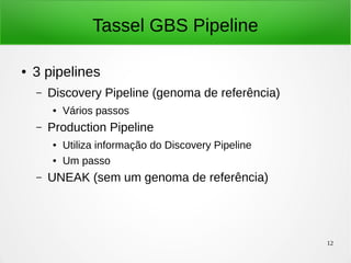 12
Tassel GBS Pipeline
● 3 pipelines
– Discovery Pipeline (genoma de referência)
● Vários passos
– Production Pipeline
● Utiliza informação do Discovery Pipeline
● Um passo
– UNEAK (sem um genoma de referência)
 