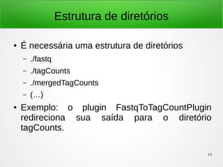 13
Estrutura de diretórios
● É necessária uma estrutura de diretórios
– ./fastq
– ./tagCounts
– ./mergedTagCounts
– (…)
● Exemplo: o plugin FastqToTagCountPlugin
redireciona sua saída para o diretório
tagCounts.
 