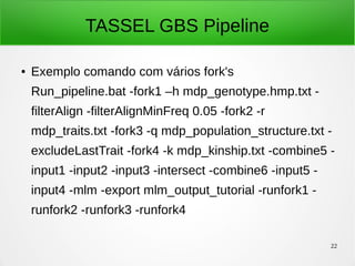 22
TASSEL GBS Pipeline
● Exemplo comando com vários fork's
Run_pipeline.bat -fork1 –h mdp_genotype.hmp.txt -
filterAlign -filterAlignMinFreq 0.05 -fork2 -r
mdp_traits.txt -fork3 -q mdp_population_structure.txt -
excludeLastTrait -fork4 -k mdp_kinship.txt -combine5 -
input1 -input2 -input3 -intersect -combine6 -input5 -
input4 -mlm -export mlm_output_tutorial -runfork1 -
runfork2 -runfork3 -runfork4
 