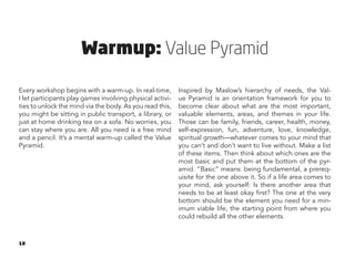 18
Warmup: Value Pyramid
Every workshop begins with a warm-up. In real-time,
I let participants play games involving physical activi-
ties to unlock the mind via the body. As you read this,
you might be sitting in public transport, a library, or
just at home drinking tea on a sofa. No worries, you
can stay where you are. All you need is a free mind
and a pencil. It’s a mental warm-up called the Value
Pyramid.
Inspired by Maslow’s hierarchy of needs, the Val-
ue Pyramid is an orientation framework for you to
become clear about what are the most important,
valuable elements, areas, and themes in your life.
Those can be family, friends, career, health, money,
self-expression, fun, adventure, love, knowledge,
spiritual growth—whatever comes to your mind that
you can’t and don’t want to live without. Make a list
of these items. Then think about which ones are the
most basic and put them at the bottom of the pyr-
amid. “Basic” means: being fundamental, a prereq-
uisite for the one above it. So if a life area comes to
your mind, ask yourself: Is there another area that
needs to be at least okay first? The one at the very
bottom should be the element you need for a min-
imum viable life, the starting point from where you
could rebuild all the other elements.
 