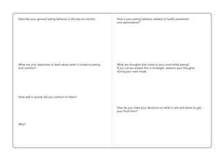 Describe your general eating behavior in the last six months.
What are your objectives or lead values when it comes to eating
and nutrition?
How well or poorly did you conform to them?
Why?
How is your eating behavior related to health prevention
and optimization?
What are thoughts that come to your mind while eating?
If you cannot answer this in hindsight, observe your thoughts
during your next meals.
How do you make your decisions on what to eat and where to get
your food from?
 