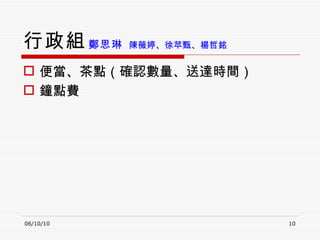 行政組 便當、茶點（確認數量、送達時間） 鐘點費 06/10/10 鄭思琳   陳薇婷 、 徐苹甄 、 楊哲銘   