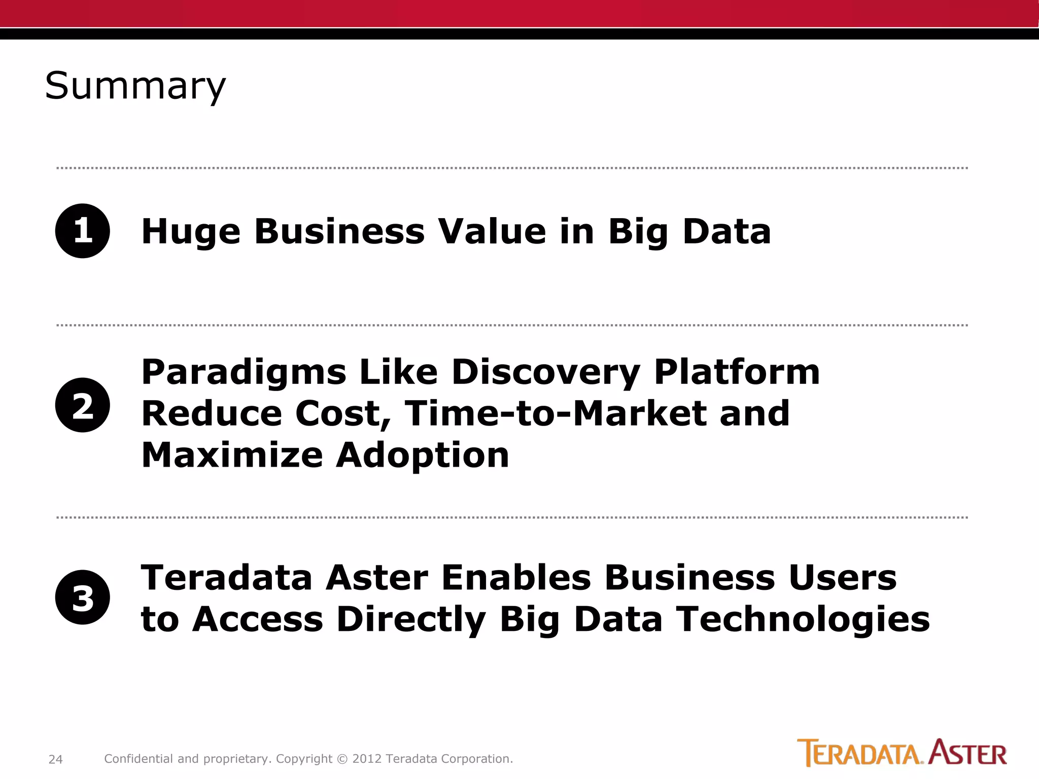 Summary


     1        Huge Business Value in Big Data



              Paradigms Like Discovery Platform
     2        Reduce Cost, Time-to-Market and
              Maximize Adoption


              Teradata Aster Enables Business Users
     3
              to Access Directly Big Data Technologies


24       Confidential and proprietary. Copyright © 2012 Teradata Corporation.
 