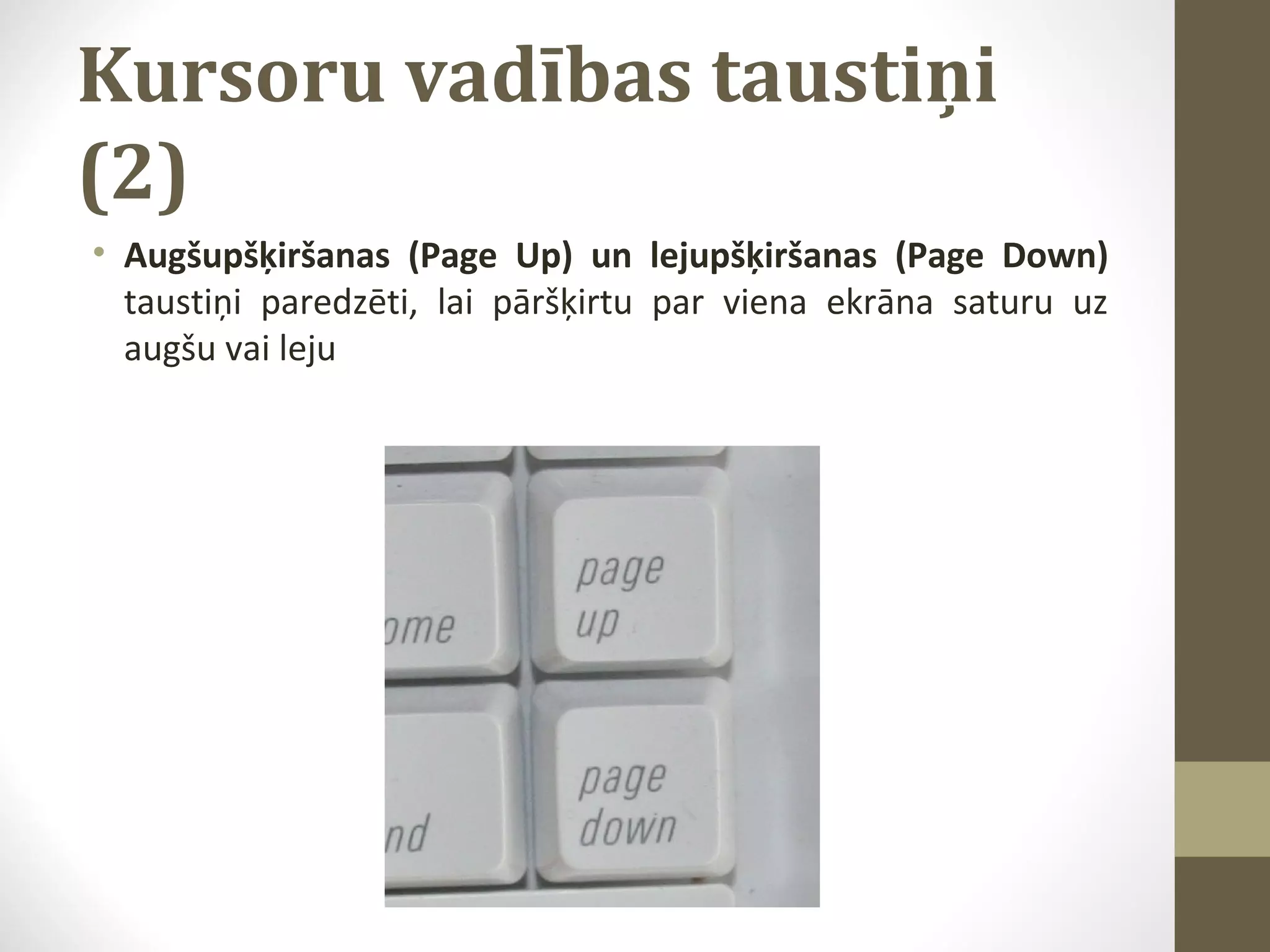 Kursoru vadības taustiņi
(2)
• Augšupšķiršanas (Page Up) un lejupšķiršanas (Page Down)
taustiņi paredzēti, lai pāršķirtu par viena ekrāna saturu uz
augšu vai leju

 