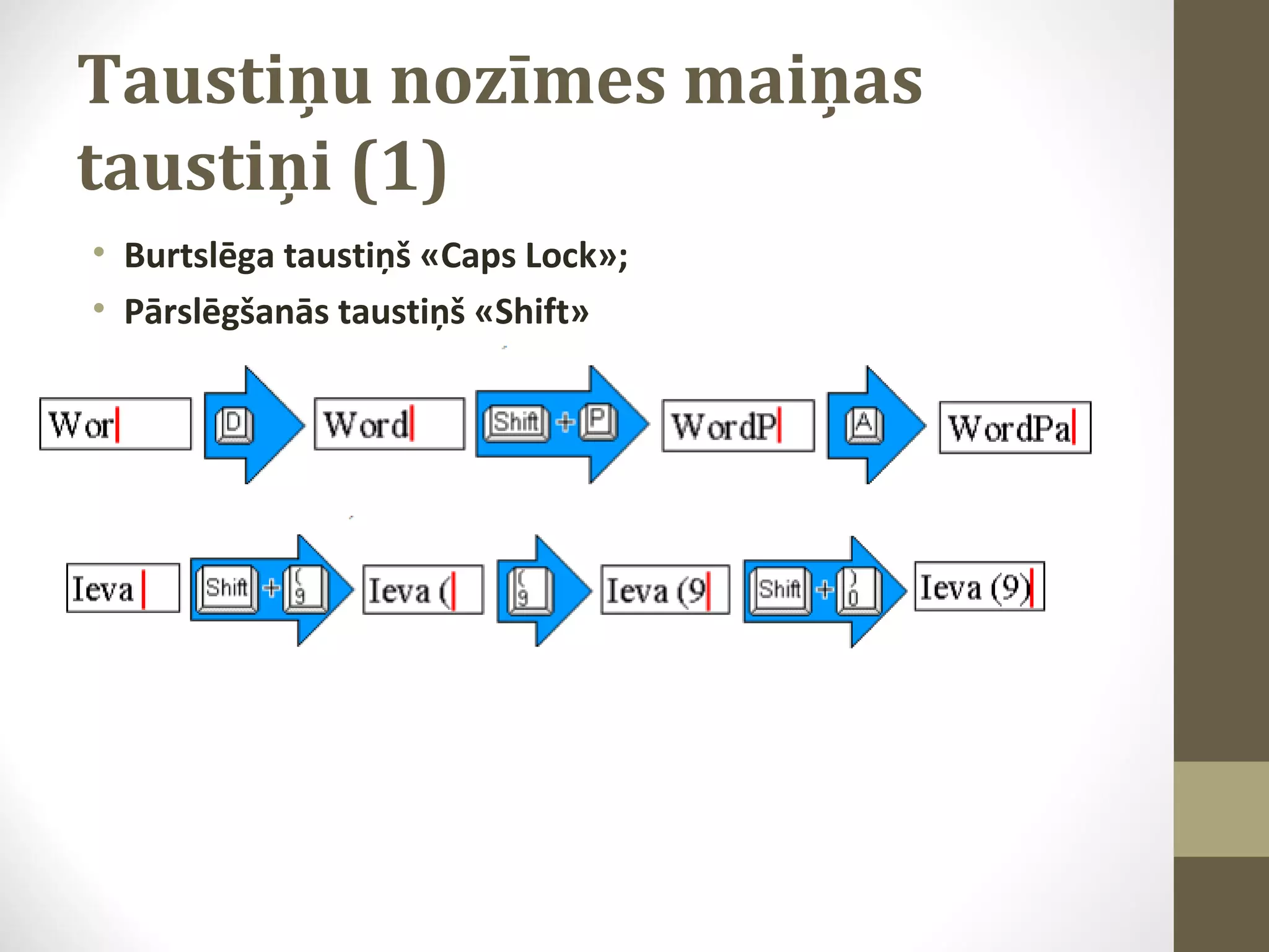 Taustiņu nozīmes maiņas
taustiņi (1)
• Burtslēga taustiņš «Caps Lock»;
• Pārslēgšanās taustiņš «Shift»

 