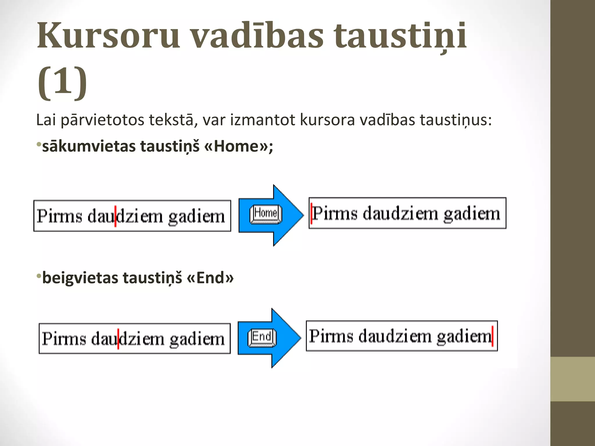 Kursoru vadības taustiņi
(1)
Lai pārvietotos tekstā, var izmantot kursora vadības taustiņus:
•sākumvietas taustiņš «Home»;

•beigvietas taustiņš «End»

 