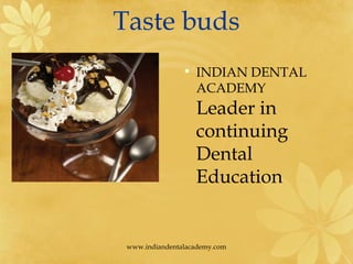 Taste buds
• INDIAN DENTAL
ACADEMY
Leader in
continuing
Dental
Education
www.indiandentalacademy.com
 