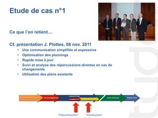 Etude de cas n°1
Ce que l’on retient…
Cf. présentation J. Plottes, 08 nov. 2011
•  Une communication simplifiée et expressive
•  Optimisation des plannings
•  Rapide mise à jour
•  Suivi et analyse des répercussions directes en cas de
changements
•  Utilisation des plans existants
“Préconstruction” “Construction”
 