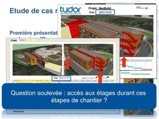 Première présentation du
planning 4D
•  Corrections
•  Débats sur la durée de certaines
tâches
•  Discussion sur le séquencement
•  Murs en panneaux bois : étanchéité /
chassis / sous-structure / isolation /
bardage
•  Co-activité possible entre escalier de
secours et zone de liaison
Etude de cas n°3
Question soulevée : accès aux étages durant ces
étapes de chantier ?
 