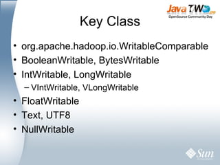 Key Class org.apache.hadoop.io.WritableComparable BooleanWritable, BytesWritable IntWritable, LongWritable VIntWritable, VLongWritable FloatWritable Text, UTF8 NullWritable 