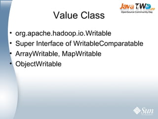 Value Class org.apache.hadoop.io.Writable Super Interface of WritableComparatable ArrayWritable, MapWritable ObjectWritable 