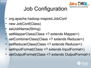 Job Configuration org.apache.hadoop.mapred.JobConf new JobConf(Class) setJobName(String) setMapperClass(Class <? extends Mapper>) setCombinerClass(Class <? extends Reducer>) setReducerClass(Class <? extends Reducer>) setInputFormat(Class <? extends InputFormat>) setOutputFormat(Class <? extends OutputFormat>) 
