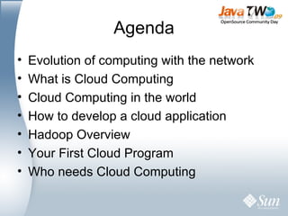 Agenda Evolution of computing with the network What is Cloud Computing Cloud Computing in the world How to develop a cloud application Hadoop Overview Your First Cloud Program Who needs Cloud Computing 