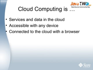 Cloud Computing is … Services and data in the cloud Accessible with any device Connected to the cloud with a browser 