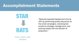 Accomplishment Statements
STAR
RATS
result, action, task,
situation
“Reduced expected deployment time by
10% by performing quality assurance on
five email campaigns, reviewing test
emails for strategic misalignment, and
working closely with the director of
production.”
 