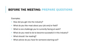 BEFORE THE MEETING: PREPARE QUESTIONS
Examples:
• How did you get into the industry?
• What do you like most about your job and/or field?
• What is one challenge you’re currently facing at work?
• What do you need to do to become successful in this industry?
• What should I be reading?
• What advice do you have for someone starting out?
 