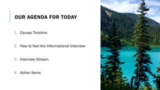OUR AGENDA FOR TODAY
1. Course Timeline
2. How to Nail the Informational Interview
3. Interview Stream
4. Action Items
 