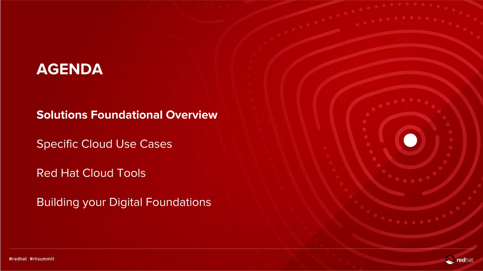 AGENDA
Solutions Foundational Overview
Specific Cloud Use Cases
Red Hat Cloud Tools
Building your Digital Foundations
 