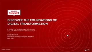 DISCOVER THE FOUNDATIONS OF
DIGITAL TRANSFORMATION
Taste of Red Hat Summit
Eric D. Schabell
Global Technology Evangelist, Red Hat
Red Hat Summit, Boston, 2-4 May 2017
 