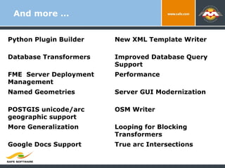 And more … Python Plugin Builder New XML Template Writer Database Transformers Improved Database Query Support FME  Server Deployment Management Performance Named Geometries Server GUI Modernization POSTGIS unicode/arc geographic support OSM Writer More Generalization Looping for Blocking Transformers Google Docs Support True arc Intersections 