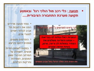 תנועה   :  כלי רכב מול הולכי רגל  ובאמצע תקועה מערכת התחבורה הציבורית ..... נפחי תנועה אדירים הפכו את רחובות תל אביב לבלתי ראויים למגורי אדם .  התריסים מוגפים ,  סופגים זיהום והרעש . במקום לשמוע המיית אנשים ,  השתלט על המרחב הציבורי שאון המנועים ,  הצפירות וחריקות הבלמים . הטעויות האלו עולות לנו בבריאות – אנחנו והמדינה משלמים את המחיר במחלות לב וריאה ,  סרטן ,  בעיות נשימה ועצבים  ניצחון הרכב על הולכי הרגל  אפילו כזו שכיית חמדה הרכב ניצח רחבת בית הכנסת הגדול באלנבי  כך נראים התריסים ב " רחוב התל אביבי " את הפיח הזה הולכי הרגל בתל אביב נושמים 