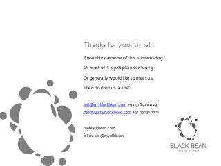 Thanks for your time!
If you think anyone of this is interesting
Or most of it is just plain confusing
Or generally would like to meet us
Then do drop us a line!
alet@myblackbean.com +91 97640 01729
deepti@myblackbean.com +91 99232 1122

myblackbean.com
follow us @myblkbean

 