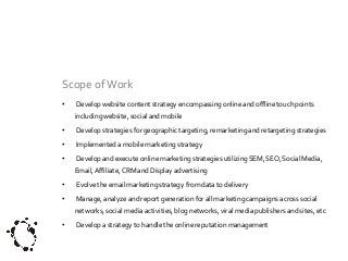 Scope of Work
•

Develop website content strategy encompassing online and offline touch points
including website, social and mobile

•

Develop strategies for geographic targeting, remarketing and retargeting strategies

•

Implemented a mobile marketing strategy

•

Develop and execute online marketing strategies utilizing SEM, SEO, Social Media,
Email, Affiliate, CRM and Display advertising

•

Evolve the email marketing strategy from data to delivery

•

Manage, analyze and report generation for all marketing campaigns across social
networks, social media activities, blog networks, viral media publishers and sites, etc

•

Develop a strategy to handle the online reputation management

 