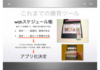 これまでの療育ツール

•   長所・・・直感的、質感がある

•   短所・・・絵カード管理が大変


    デジタルであれば、持ち運びが簡単。
好きなだけ絵カードを作成・検索・整理できる。




    アプリ化決定
 