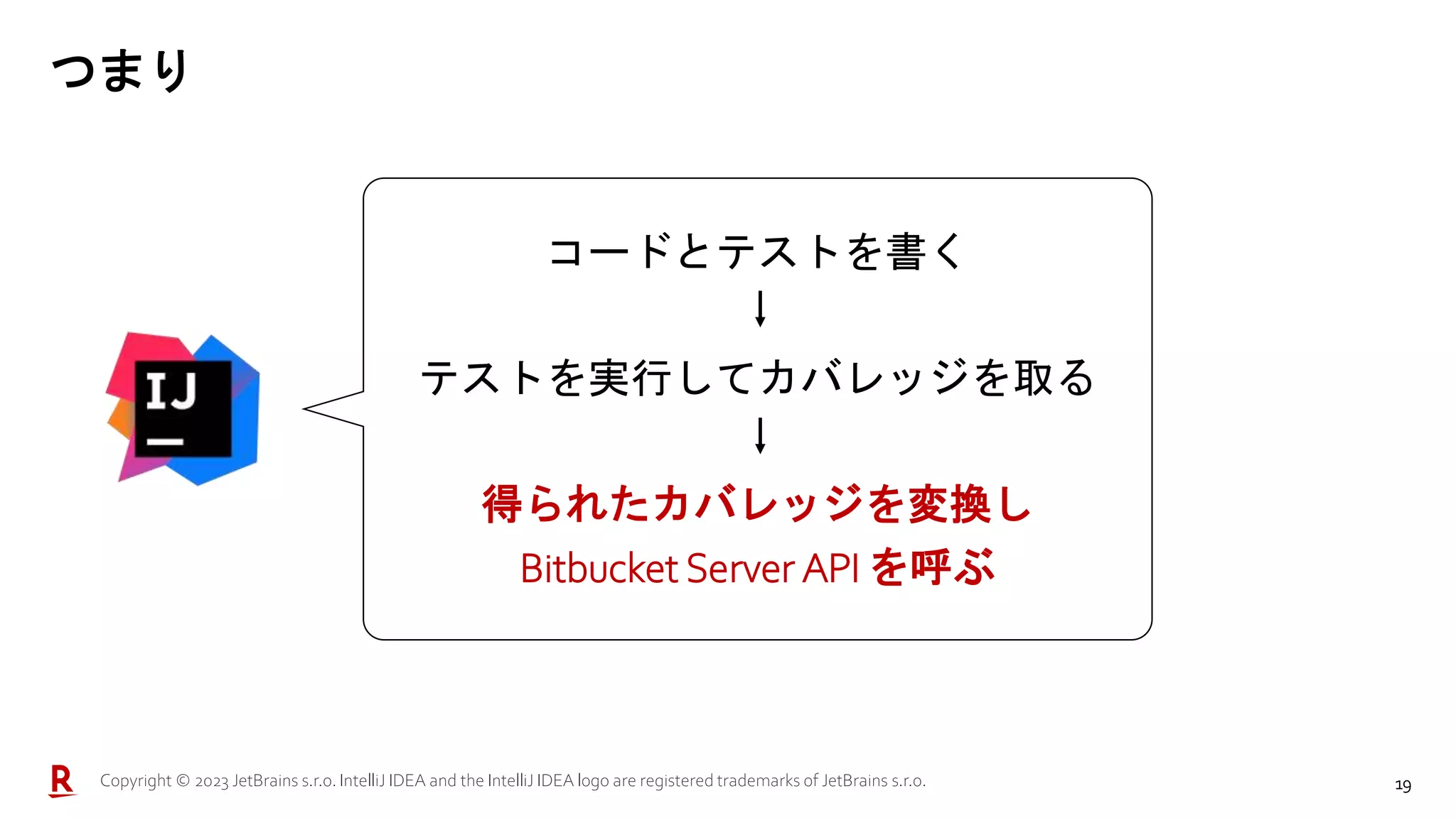19
つまり
コードとテストを書く
テストを実行してカバレッジを取る
得られたカバレッジを変換し
Bitbucket Server API を呼ぶ
Copyright © 2023 JetBrains s.r.o. IntelliJ IDEA and the IntelliJ IDEA logo are registered trademarks of JetBrains s.r.o.
 