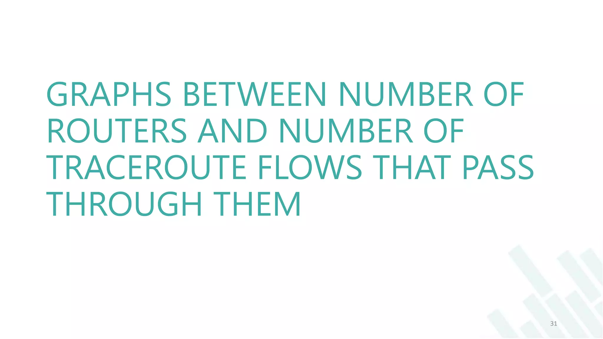 GRAPHS BETWEEN NUMBER OF
ROUTERS AND NUMBER OF
TRACEROUTE FLOWS THAT PASS
THROUGH THEM
31