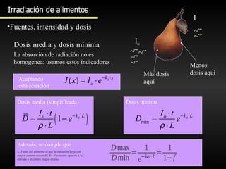 Irradiación de alimentos Fuentes, intensidad y dosis Irradiación de alimentos Fuentes, intensidad y dosis I o I Dosis media y dosis mínima La absorción de radiación no es homogenea: usamos estos indicadores Más dosis aquí Menos dosis aquí Aceptando esta ecuación Dosis media (simplificada) Dosis mínima Además, se cumple que L: Punto del alimento al que la radiación llega con mayor camino recorrido. Es el extremo opuesto a la entrada o el centro, según diseño. 