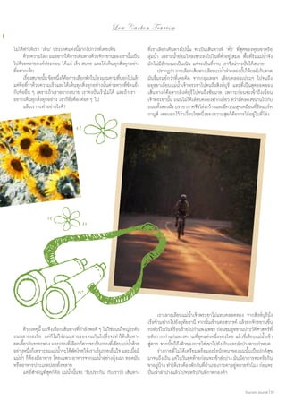 Low C a r b o n T o u r i s m
ไม่ได้ทำ�ให้เรา ‘เห็น’ ประเทศแห่งนี้มากไปกว่าที่เคยเห็น
	 ด้วยความโลภ ผมอยากให้การเดินทางด้วยจักรยานของเรานันเป็น
้
ไปด้วยหลายองค์ประกอบ ได้แก่ เร็ว สบาย และได้เห็นทุกสิ่งทุกอย่าง
ที่อยากเห็น
	 เรืองสบายนัน ข้อหนึงก็คอการเลือกพักในโรงแรมตามทีบอกไปแล้ว
่
้
่ ื
่
แต่ข้อที่ว่าด้วยความเร็วและได้เห็นทุกสิ่งทุกอย่างนั้นต่างหากที่ขัดแย้ง
กับข้ออื่น ๆ เพราะถ้าเราอยากสบาย เราคงปั่นเร็วไม่ได้ และถ้าเรา
อยากเห็นทุกสิ่งทุกอย่าง เราก็ยิ่งต้องค่อย ๆ ไป
	 แล้วเราจะทำ�อย่างไรดี?

	 ด้วยเหตุนี้ ผมจึงเลือกเส้นทางทีก�ลังพอดี ๆ ไม่ใช่ถนนใหญ่ระดับ
่ำ
ถนนสายเอเชีย แต่ก็ไม่ใช่ถนนสายรองจนเกินไปซึ่งจะทำ�ให้เส้นทาง
คดเคียวกินระยะทาง และถนนทีเ่ ลือกก็ควรจะเป็นถนนทีเ่ ลียบแม่นํ้าด้วย
้
อย่างหนึงก็เพราะลมแม่นาจะได้พดโชยให้เราเย็นกายเย็นใจ และเมือมี
่
ํ้
ั
่
แม่นํ้า ก็ต้องมีอาหาร โดยเฉพาะอาหารจากแม่นํ้าอย่างกุ้งเผา ทอดมัน
หรืออาหารประเภทปลาทั้งหลาย
	 แต่ที่สำ�คัญที่สุดก็คือ แม่นํ้านั้นจะ ‘รับประกัน’ กับเราว่า เส้นทาง

ที่เราเลือกเดินทางไปนั้น จะเป็นเส้นทางที่ ‘ตํ่า’ ที่สุดของหุบเขาหรือ
ลุ่มนํ้า เพราะนํ้าย่อมไหลเซาะลงไปในที่ตํ่าอยู่เสมอ พื้นที่ริมแม่นํ้าจึง
มักไม่มีลักษณะเป็นเนิน แต่จะเป็นที่ราบ เราจึงน่าจะปั่นได้สบาย
	 ปรากฏว่า การเลือกเส้นทางเลียบแม่นาลำ�คลองนันให้ผลดีเกินคาด
ํ้
้
มันรื่นรมย์กว่าที่เคยคิด จากกรุงเทพฯ เลียบคลองเปรมฯ ไปจนถึง
อยุธยาเลียบแม่นํ้าเจ้าพระยาไปจนถึงสิงห์บุรี และที่เป็นสุดยอดของ
เส้นทางก็คือจากสิงห์บุรี ไปจนถึงชัยนาท เพราะก่อนจะเข้าถึงเขื่อน
เจ้าพระยานั้น ถนนไม่ได้เลียบคลองฟากเดียว ทว่ามีคลองขนานไปกับ
ถนนทังสองฝัง บรรยากาศจึงโล่งกว้างและมีความสุขเหมือนทีอลแบร์ต
้
่
่ั
กามูส์ เคยบอกไว้ว่าเงื่อนไขหนึ่งของความสุขก็คือการได้อยู่ในที่โล่ง

	 เราเลาะเลียบแม่นํ้าเจ้าพระยาไปแทบตลอดทาง จากสิงห์บุรีนั่ง
เรือข้ามฟากไปยังอุทัยธานี จากนั้นเข้านครสวรรค์ แล้วยกจักรยานขึ้น
รถทัวร์ในวันทีรอนร้ายไปกำ�แพงเพชร ก่อนชมอุทยานประวัตศาสตร์ที่
่้
ิ
อลังการเก่าแก่และงดงามที่สุดแห่งหนึ่งของไทย แล้วขี่เลียบแม่นํ้าเข้า
สู่ตาก จากนั้นก็ถึงคิวของการไต่เขาไปยังเถินและลำ�ปางตามกำ�หนด
	 ร่างกายที่ ไม่ได้เตรียมพร้อมอะไรนักหนาของผมนั้นเป็นปกติสุข
มาจนถึงเถิน แต่ในวันสุดท้ายก่อนจะเข้าลำ�ปาง มันมีอาการตะคริวกิน
ขาอยูบาง ทำ�ให้เราต้องพักกันทีอ�เภอเกาะคาอยูหลายชัวโมง ก่อนจะ
่้
่ำ
่
่
ปั่นเข้าลำ�ปางแล้วไปจบทริปกันที่กาดกองต้า
Tourism Jounal | 51

 