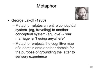 103
Metaphor
• George Lakoff (1980)
– Metaphor relates an entire conceptual
system (eg, traveling) to another
conceptual system (eg, love) - "our
marriage isn't going anywhere"
– Metaphor projects the cognitive map
of a domain onto another domain for
the purpose of grounding the latter to
sensory experience
 