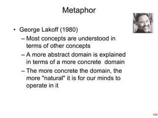 104
Metaphor
• George Lakoff (1980)
– Most concepts are understood in
terms of other concepts
– A more abstract domain is explained
in terms of a more concrete domain
– The more concrete the domain, the
more "natural" it is for our minds to
operate in it
 