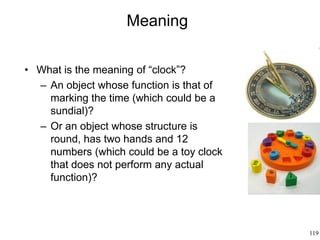 119
Meaning
• What is the meaning of “clock”?
– An object whose function is that of
marking the time (which could be a
sundial)?
– Or an object whose structure is
round, has two hands and 12
numbers (which could be a toy clock
that does not perform any actual
function)?
 