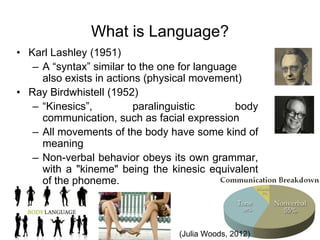 15
What is Language?
(Julia Woods, 2012)
• Karl Lashley (1951)
– A “syntax” similar to the one for language
also exists in actions (physical movement)
• Ray Birdwhistell (1952)
– “Kinesics”, paralinguistic body
communication, such as facial expression
– All movements of the body have some kind of
meaning
– Non-verbal behavior obeys its own grammar,
with a "kineme" being the kinesic equivalent
of the phoneme.
 