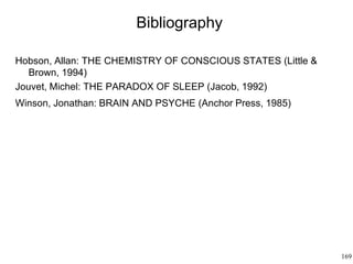 169
Bibliography
Hobson, Allan: THE CHEMISTRY OF CONSCIOUS STATES (Little &
Brown, 1994)
Jouvet, Michel: THE PARADOX OF SLEEP (Jacob, 1992)
Winson, Jonathan: BRAIN AND PSYCHE (Anchor Press, 1985)
 
