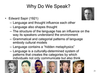 21
Why Do We Speak?
• Edward Sapir (1921)
– Language and thought influence each other
– Language also shapes thought
– The structure of the language has an influence on the
way its speakers understand the environment
– Grammatical and categorial patterns of language
embody cultural models
– Language contains a “hidden metaphysics”
– Language is a culturally-determined system of
patterns that creates the categories by which
individuals not only communicate but also think
 