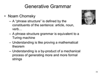 34
Generative Grammar
• Noam Chomsky
– A “phrase structure” is defined by the
constituents of the sentence: article, noun,
verb…
– A phrase structure grammar is equivalent to a
Turing machine
– Understanding is like proving a mathematical
theorem
– Understanding is a by-product of a mechanical
process of generating more and more formal
strings
 
