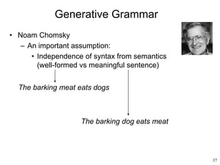 37
Generative Grammar
• Noam Chomsky
– An important assumption:
• Independence of syntax from semantics
(well-formed vs meaningful sentence)
The barking meat eats dogs
The barking dog eats meat
 