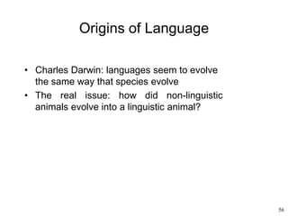 56
Origins of Language
• Charles Darwin: languages seem to evolve
the same way that species evolve
• The real issue: how did non-linguistic
animals evolve into a linguistic animal?
 