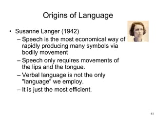 61
Origins of Language
• Susanne Langer (1942)
– Speech is the most economical way of
rapidly producing many symbols via
bodily movement
– Speech only requires movements of
the lips and the tongue.
– Verbal language is not the only
"language" we employ.
– It is just the most efficient.
 