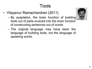 89
Tools
• Vilayanur Ramachandran (2011)
– By exaptation, the brain function of building
tools out of parts evolved into the brain function
of constructing sentences out of words
– The original language may have been the
language of building tools, not the language of
speaking words.
 